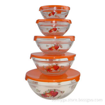Set of 5 Glass Bowl with Colorful Plastic Lid and Customized Printing